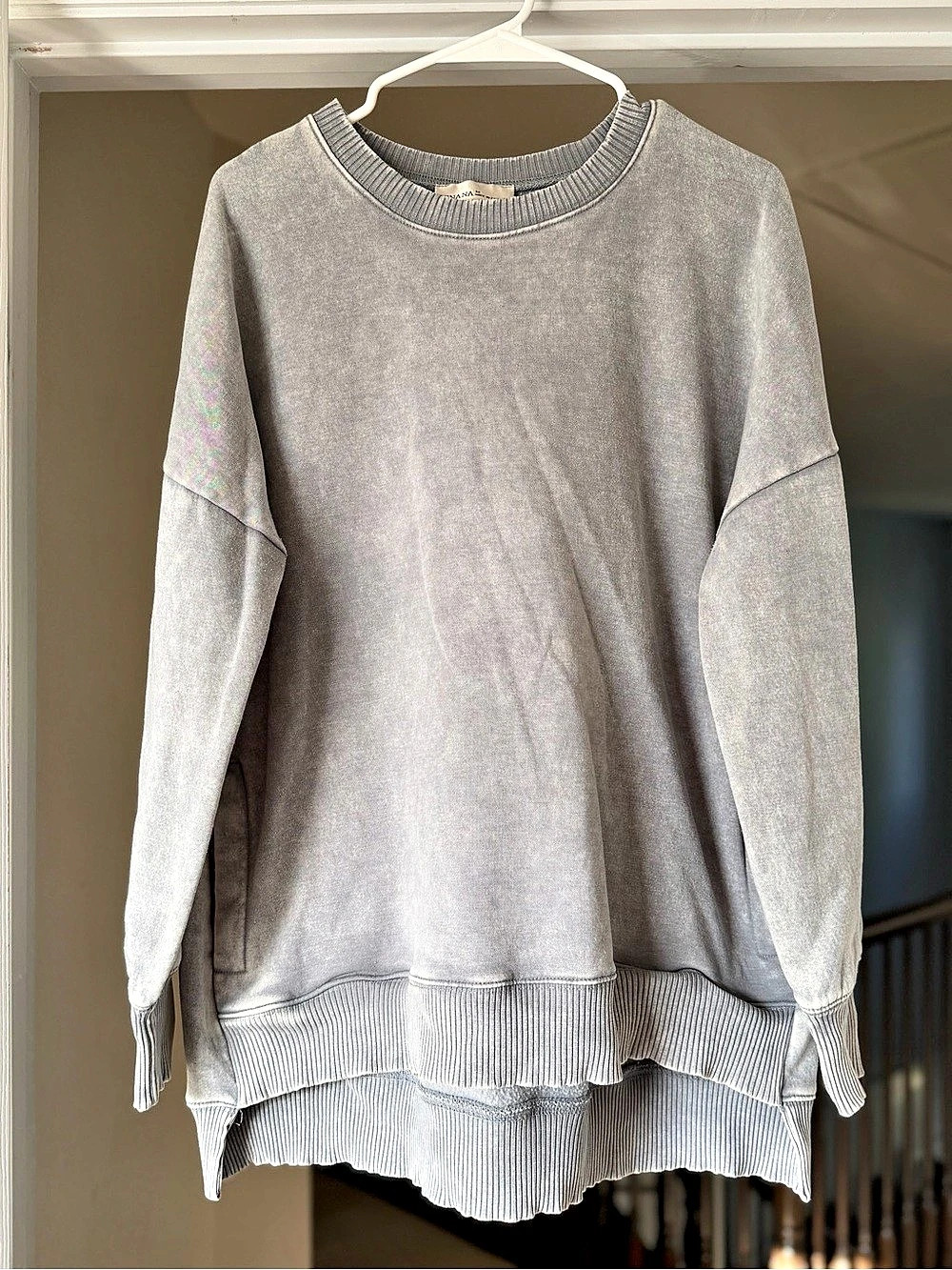 Zenana Acid Wash Hi-Low Sweatshirt with Pockets Gray M